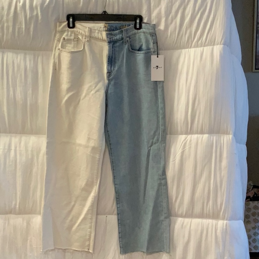 7 For All Mankind Two-Tone Cream and Blue Straight Relaxed Jeans